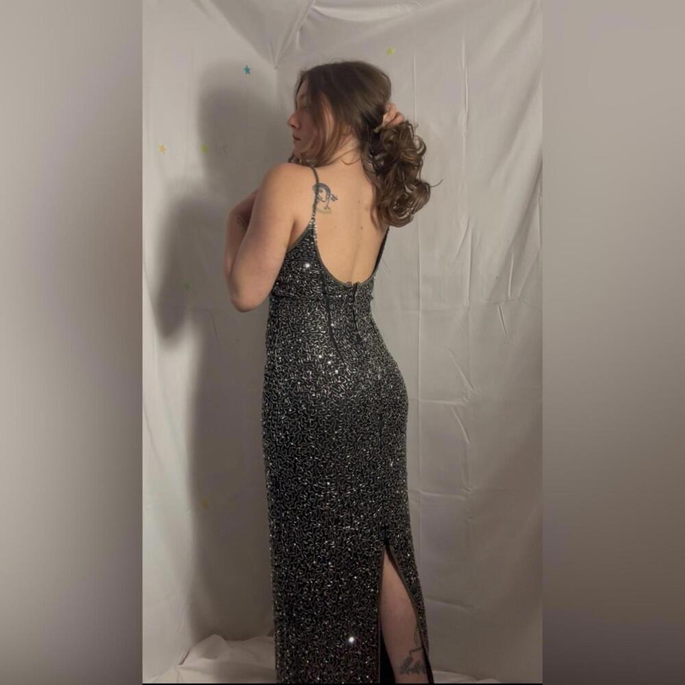 VTG 90s/Y2K Black Silver Beaded Silk Full Length Evening Gown Size L